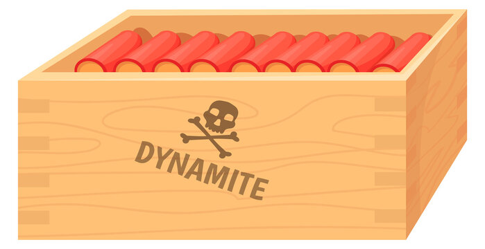 Wooden box with red dynamite. Mining explosive cartoon icon