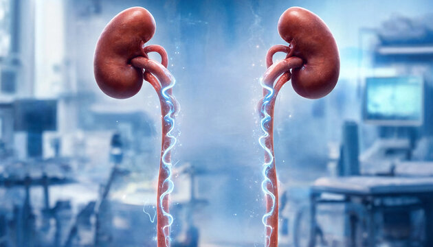 Human kidneys with connecting ureters in a medical background illustration