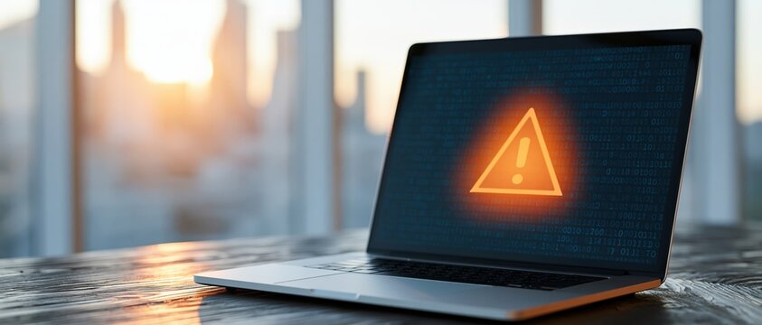 Laptop displaying orange warning symbol on screen with binary code in office setting at sunset