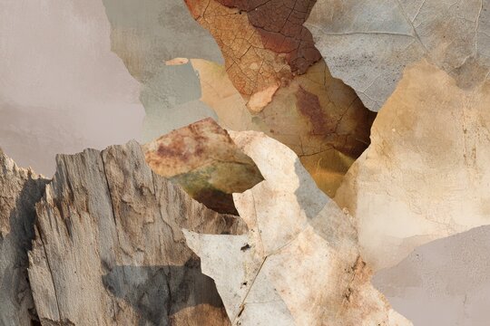 Warm earthy collage of weathered tree bark textures and layered paper elements for rustic background and interior wallpaper design
