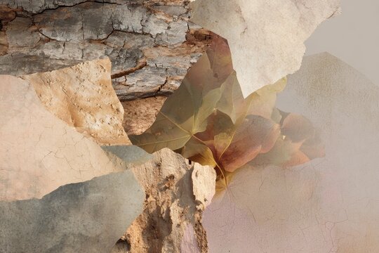 Warm earthy collage of weathered tree bark and layered torn paper with autumn leaves for natural texture background and organic design wallpaper