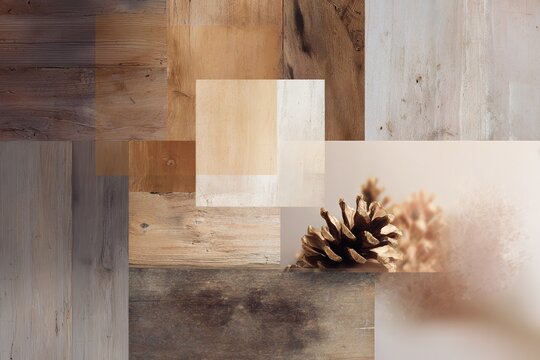 Warm wood texture collage with aged oak panels and pinecone detail for rustic background and poster design