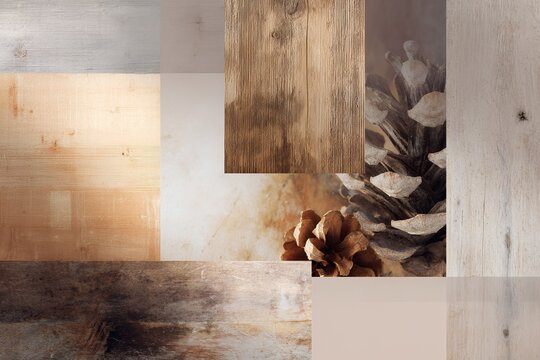Warm wood texture collage with aged oak planks and pinecone accents for rustic background poster wallpaper and interior design