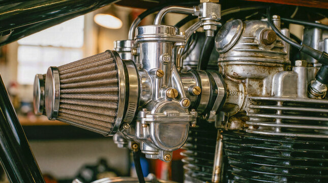 Motorcycle air filter and carburetor setup on a vintage engine in a garage workshop