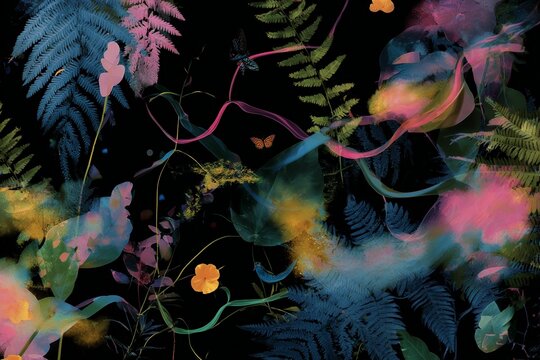 Wild psychedelic jungle collage with neon foliage vibrant colors butterflies and fern silhouettes for surreal wallpaper and textile design