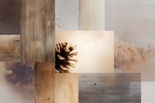 Warm wood texture collage with aged oak panels and pinecone centerpiece background for rustic wallpaper and interior design moodboard