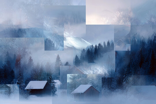 Winter wonderland collage of snow covered cabins and misty pine forests for seasonal background and poster design