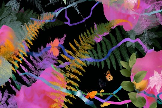 Wild psychedelic jungle collage with bright ferns leaves butterflies and vibrant splashes for tropical poster and pattern design
