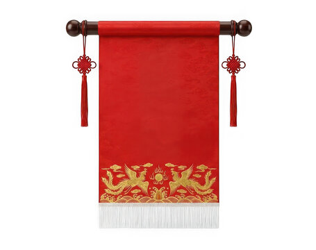 Traditional chinese red scroll with phoenix embroidery isolated on transparent background