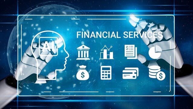 Futuristic AI Concept in Financial Services with Robotic Hands and Digital Icons Representing Banking, Data Analysis, and Transactions in Space Background Gluon.