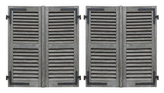 Rustic wooden window shutters with metal hinges isolated on transparent background