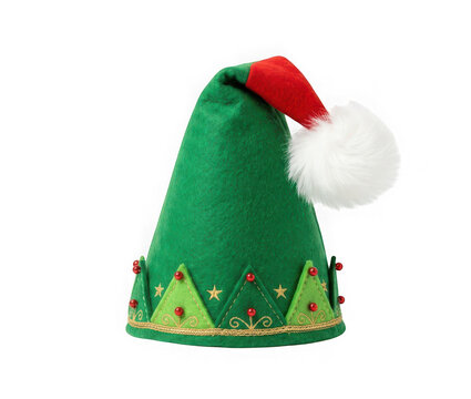 Festive green elf hat with red tip, white pompom, and decorative gold stitching isolated on transparent background