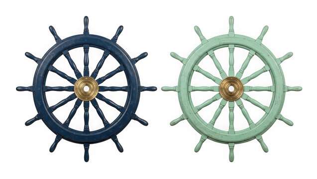 Two vintage wooden ship steering wheels isolated on transparent background
