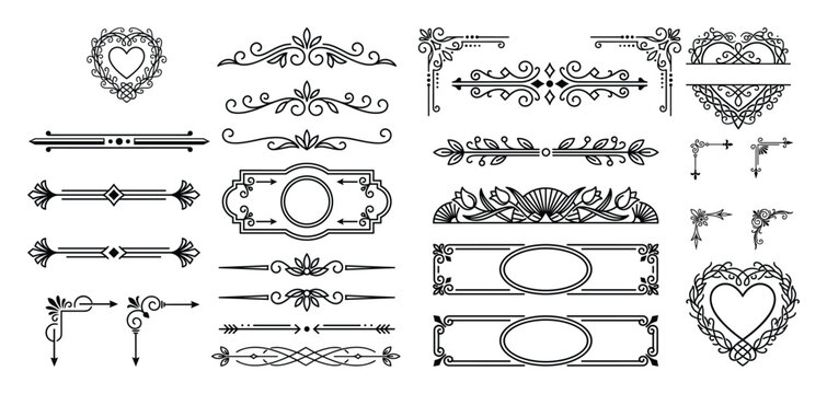 Vintage floral heart frames and elegant line dividers with ornamental corner border accents.