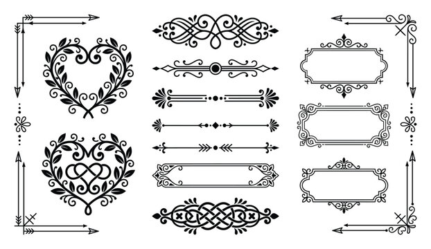 Vintage ornamental borders and heart shaped laurel frames in black elegant line art style.