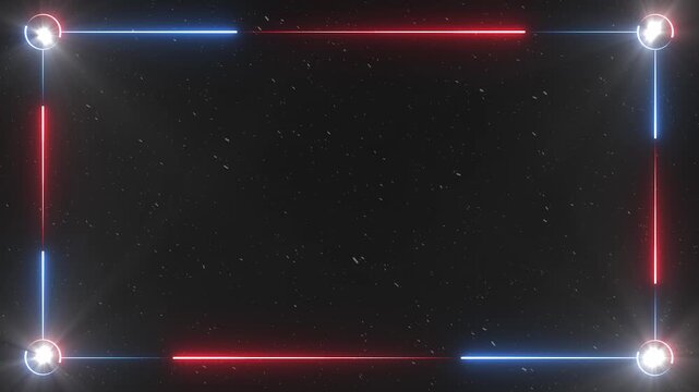 glowing red blue neon rectangle border animation with dynamic white glowing light rays in four round corners, snow falling on the background seamlessly with slow flashing light beams transparent 4K