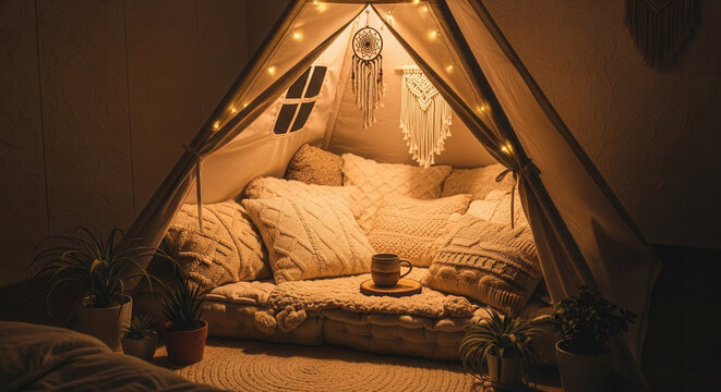Cozy Teepee Sanctuary Filled With Plush Pillows And Warm Fairy Lights