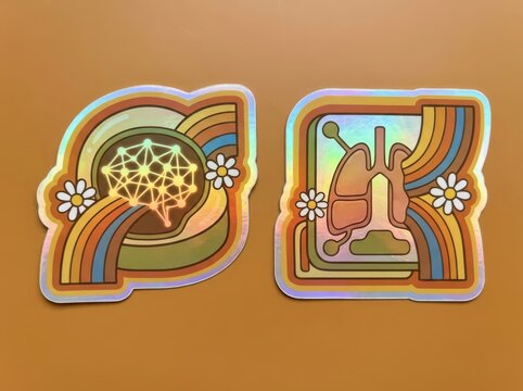 Retro brain and lungs stickers with rainbow holographic style