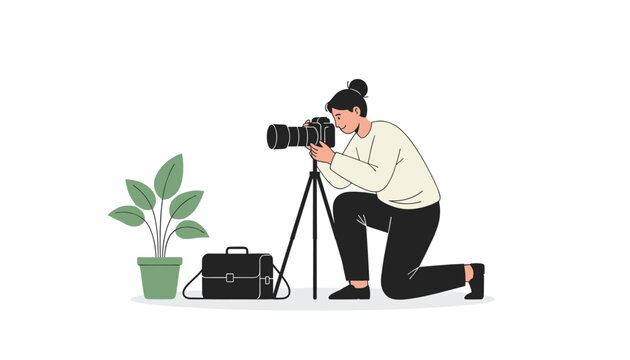 Professional female photographer kneeling down to take a photo using a DSLR camera on a tripod next to her gear bag.