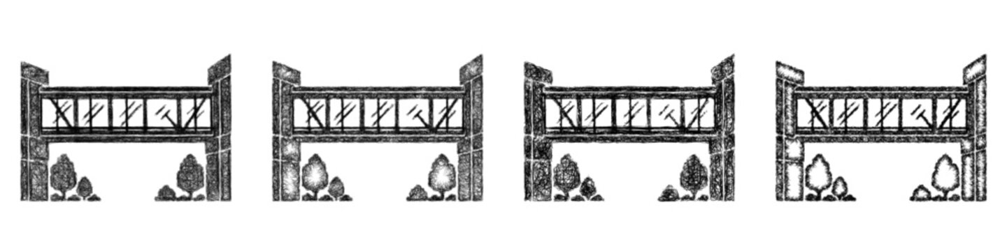 Black and white sketch glass pedestrian bridge icon design set