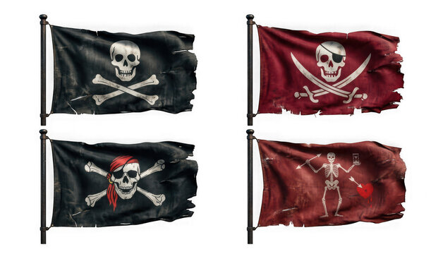 Collection of vintage pirate flags with skull and crossbones isolated on transparent background