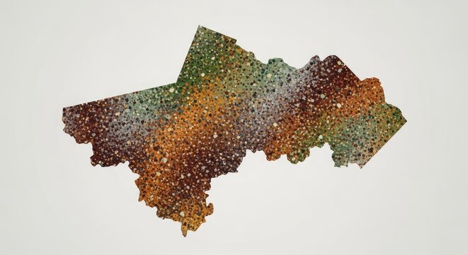 A detailed outline of a geographic territory featuring a unique speckled texture with earthy tones on a clean and neutral background, art, spatial, atlas