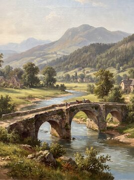Beautiful oil painting depicting an idyllic European valley with an ancient stone bridge over a river and lush green hills under a serene sky.