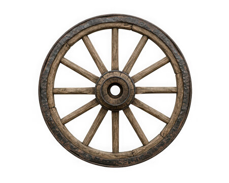 Vintage wooden wagon wheel with metal rim isolated on transparent background