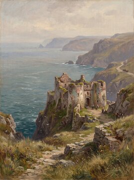 Vintage oil painting depicting a majestic ruined castle perched on dramatic coastal cliffs overlooking the ocean. Figures and a horse cart traverse a winding path.