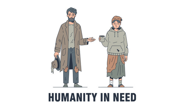 Homeless man and woman in ragged clothes seeking assistance for basic needs to overcome poverty and social inequality.