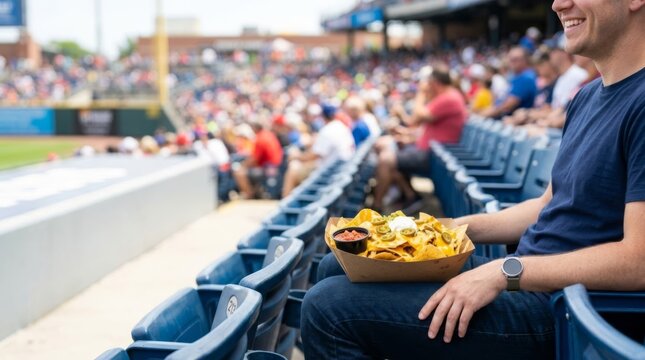 Man with Nachos in Stadium Seats, Smiling Spectator Enjoying Food at Baseball Game with Copy Space