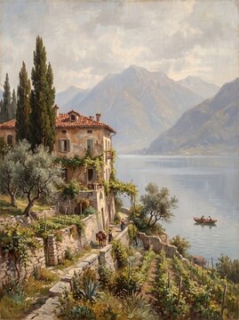 Picturesque Italian village painting overlooking a serene lake with majestic mountains. Features an old house, cypress trees, vineyards, and people with a donkey & rowboat. AI generated.