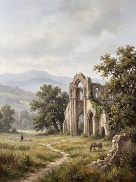 Generative AI oil painting of ancient abbey ruins in a serene countryside. Features a shepherd, sheep, horse, trees, and mountains under cloudy sky.