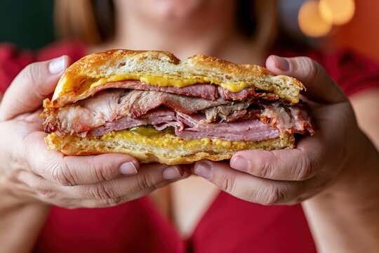 The Sandwich of Golden Toasted Bread with Juicy Roast Beef and Cheese