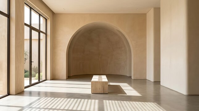 Modern empty room interior with a large arch wall and sunlight from the window