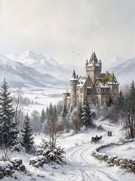 Picturesque winter scene featuring a historic medieval castle, snow-capped mountains, an elegant horse carriage, and travelers on a pristine path. Serene and magical.