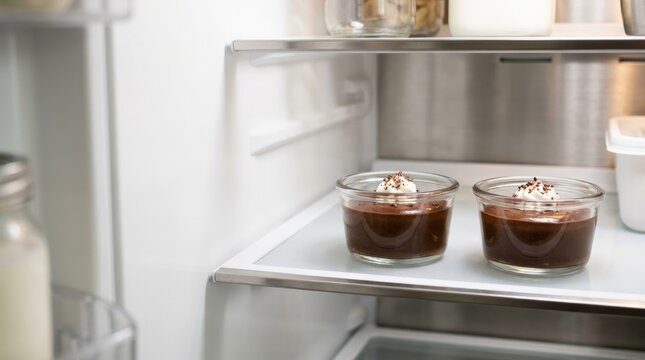 Two chocolate mousse desserts in glass jars on a refrigerator shelf, prepared for home enjoyment, bright and clean kitchen setting