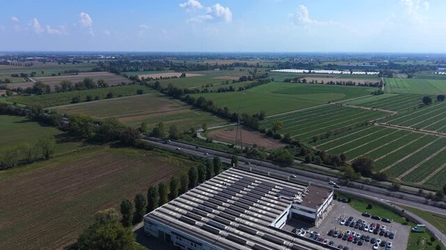 Aerial View of Industrial Facility and Farmland in Italy, Lombardy