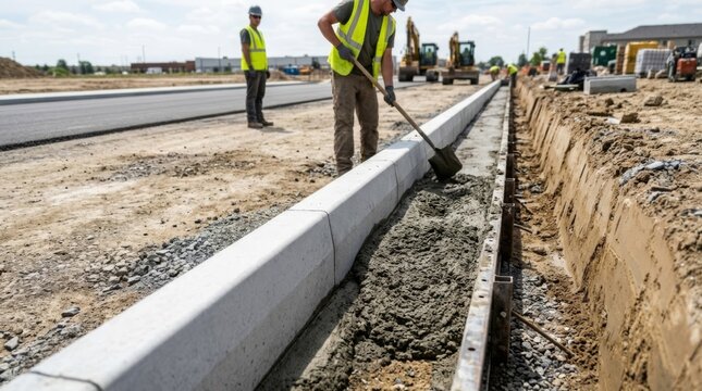 Construction workers installing concrete curbstone with wet mortar on bright urban site, low angle