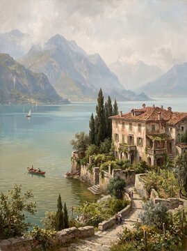 Captivating AI-generated painting depicting a serene Italian lake, complete with a historic villa, distant mountains, rowboats, and charming pathways. Traditional art aesthetic.