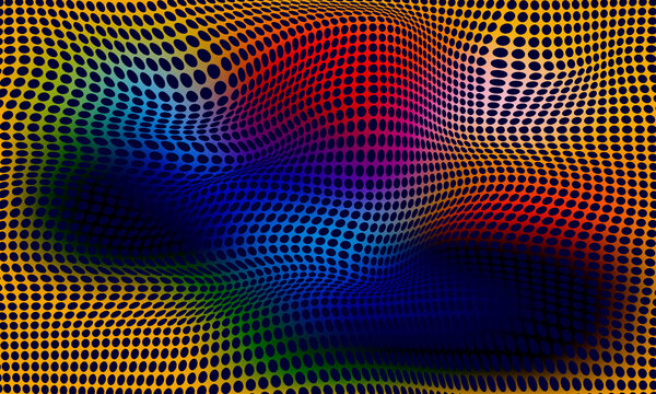 Abstract rainbow halftone pattern with distorted grid, vibrant colorful wave background, psychedelic optical illusion texture for modern design