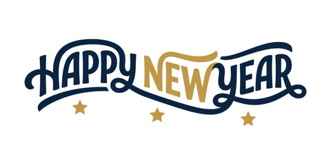 Vibrant cursive Happy New Year text design featuring festive stars, ideal for holiday greetings and celebrations. © Sujanchandra