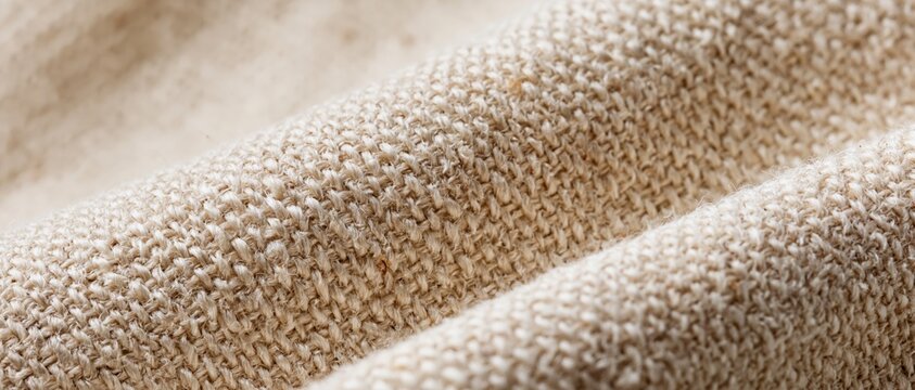 Close-up of unbleached natural linen canvas fabric with visible weave and texture in flat lay arrangement