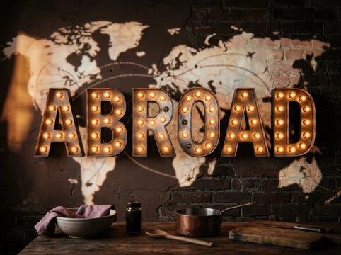 Abroad travel concept with glowing letters and world map backdrop