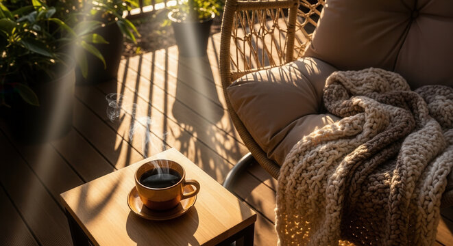 Cozy Morning Coffee On A Sunlit Balcony With Hanging Chair