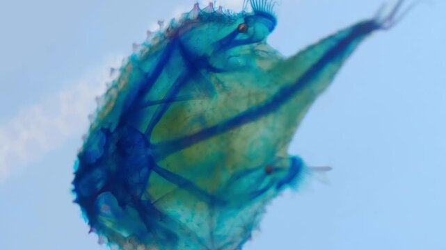 Scientific specimen of a Pelagothuria natatrix, a rare species of sea cucumber, prepared through diaphonization or "clearing and staining" revealing the complex bone and cartilage structures