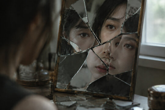 Shattered mirror reflecting fragmented facial features with soft window lighting.