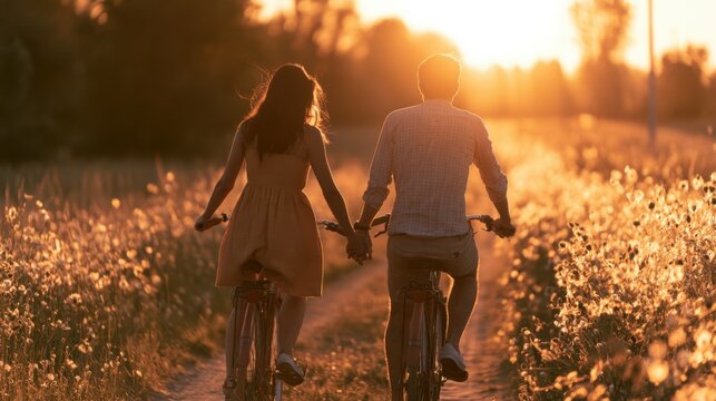 Romantic couple riding bicycles hand in hand along a scenic lakeside path at sunset, surrounded by green trees and distant mountains, with warm golden light creating a peaceful travel atmosphere.