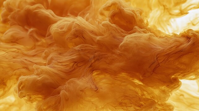Swirling orange and amber ink diffusing in water against a bright background
