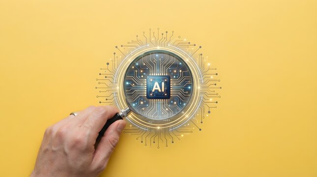 Hand Using Magnifying Glass to Examine Glowing Artificial Intelligence Technology Concept on Yellow Background